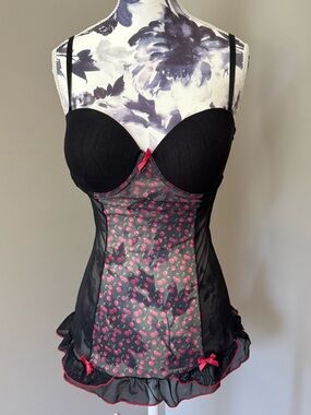Y2K Native Intimates Lingerie Black Sheer Chemise with Red Cherry Print Accents